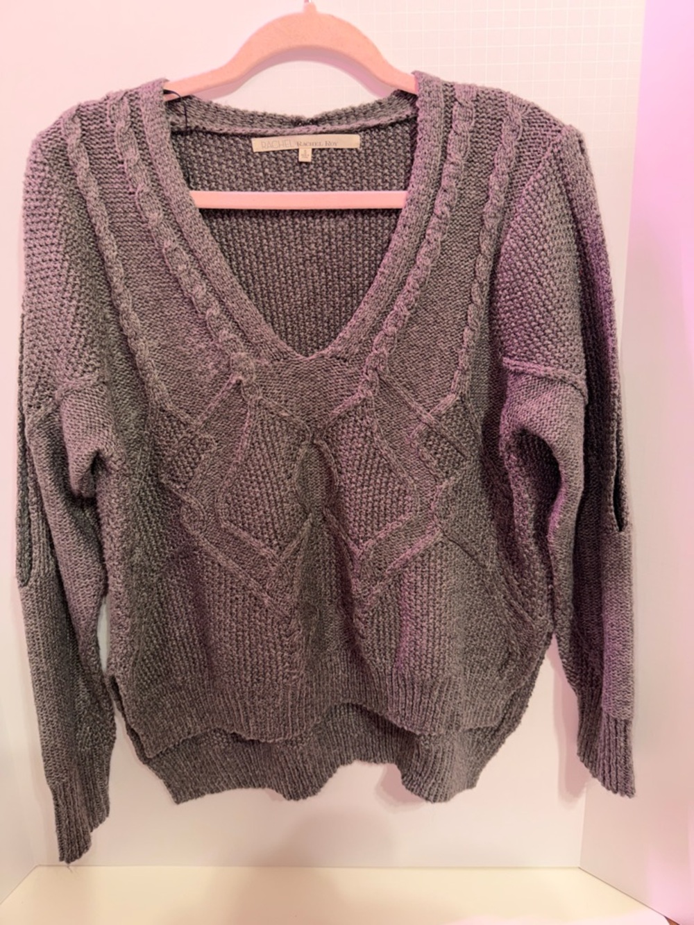Rachel Roy women’s Heather Gray Cable Knit Wool Blend Split Sleeve Sweater S